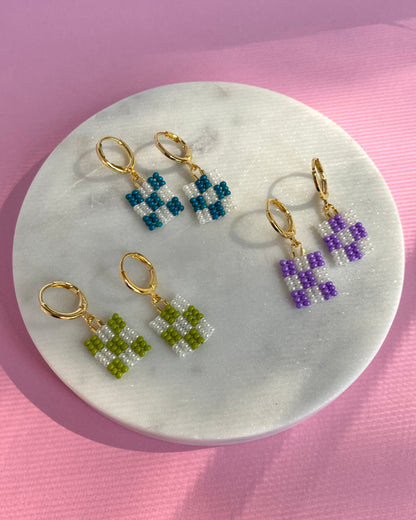 Checkered Seed Bead Earrings (Green, Teal, and Purple)