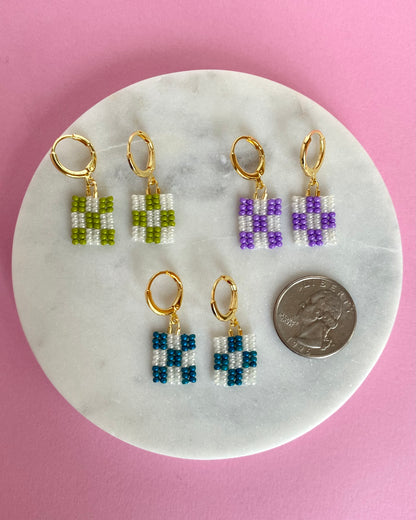 Checkered Seed Bead Earrings (Green, Teal, and Purple)