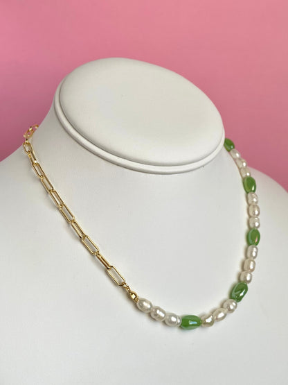 Kiwi Asymmetrical Chain + Pearl Necklace