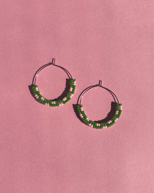 Speckled Beaded Hoops - Green + Pink