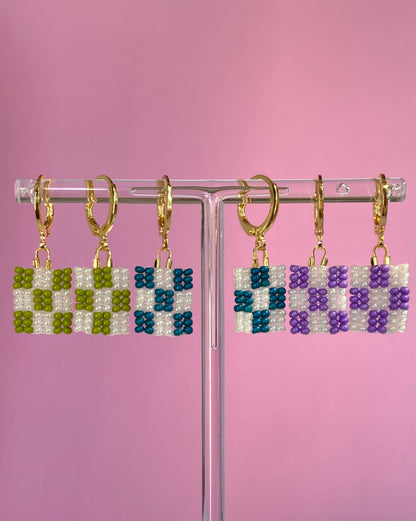 Checkered Seed Bead Earrings (Green, Teal, and Purple)