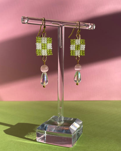 Checkered Beaded Dangle Earrings