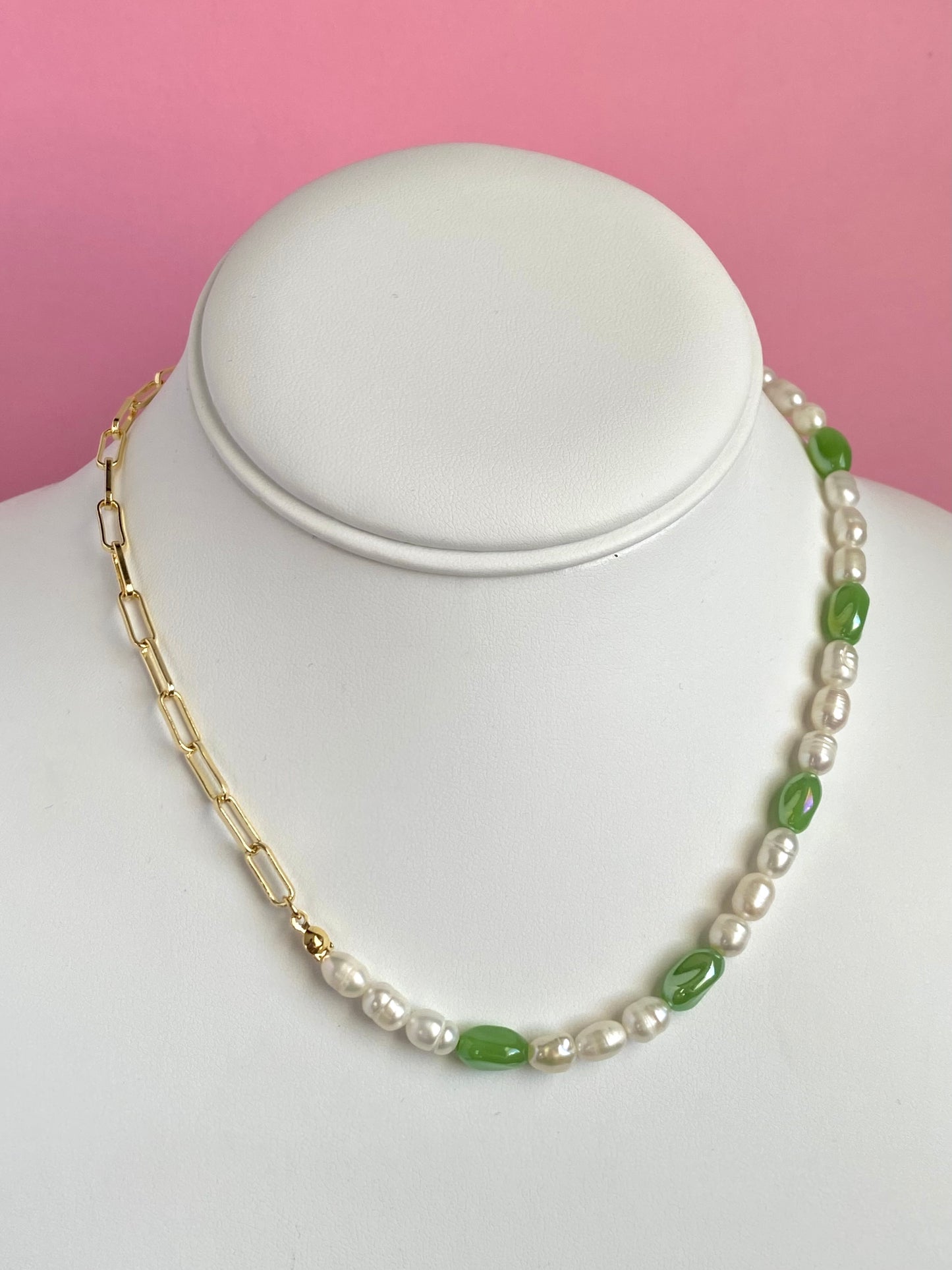 Kiwi Asymmetrical Chain + Pearl Necklace