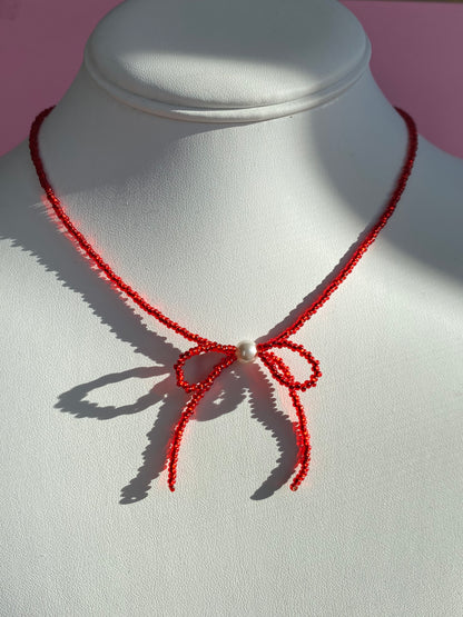 Seed Bead + Pearl Bow Necklace